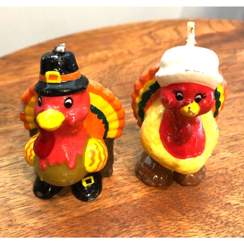Vintage  Turkey Thanksgiving Candles Pair 2" Russ Berrie & Co Unburned